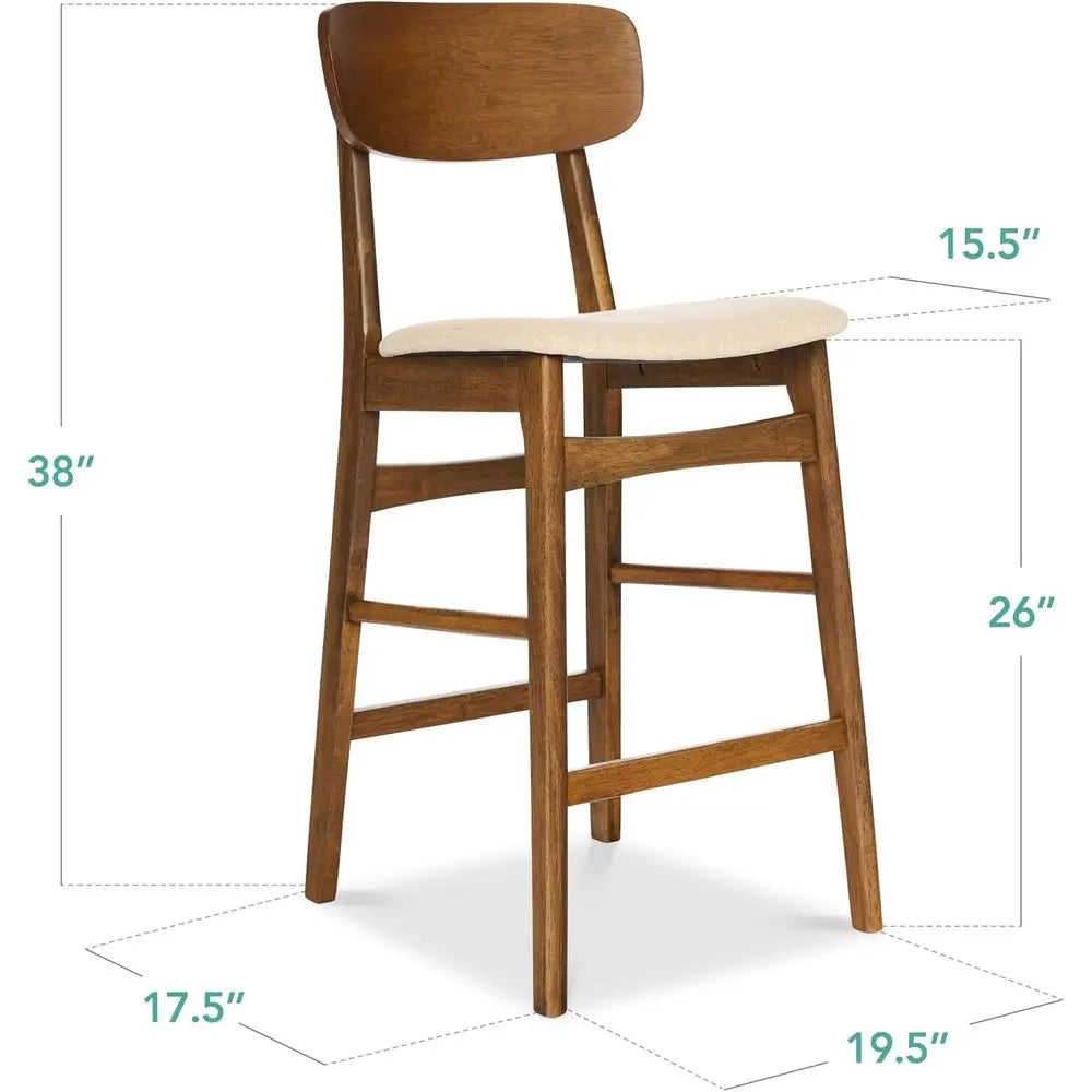 Upholstered Counter Height Stool Set of 2 with Wooden Curved Backrest, Walnut and Cream