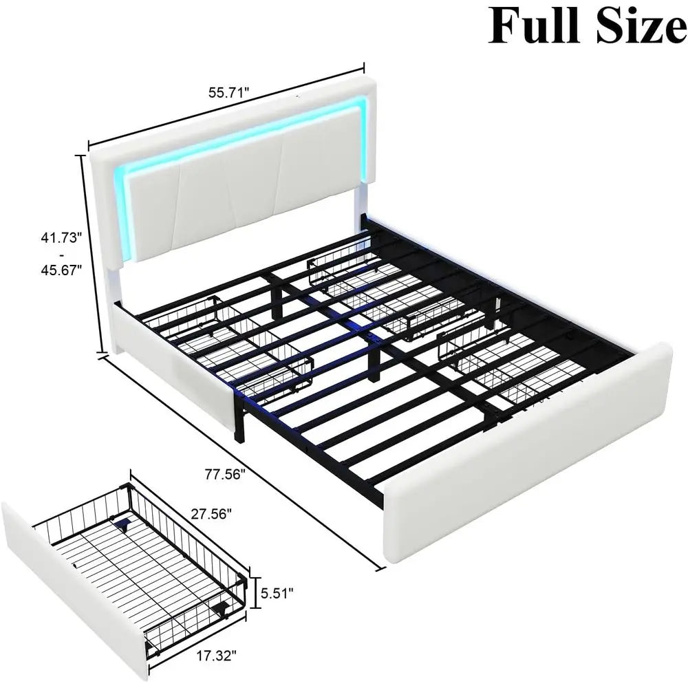 King Size Bed with 4 Storage Drawers, Charging Station, LED Light, Adjustable Headboard, Noise-Free, No Box Spring Needed, Easy