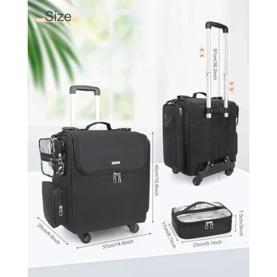 Rolling Makeup Train Case for Hairstylists with 4 Wheels Heat Insulation Full Layer Adjustable Dividers Hair Tools and Cosmetic
