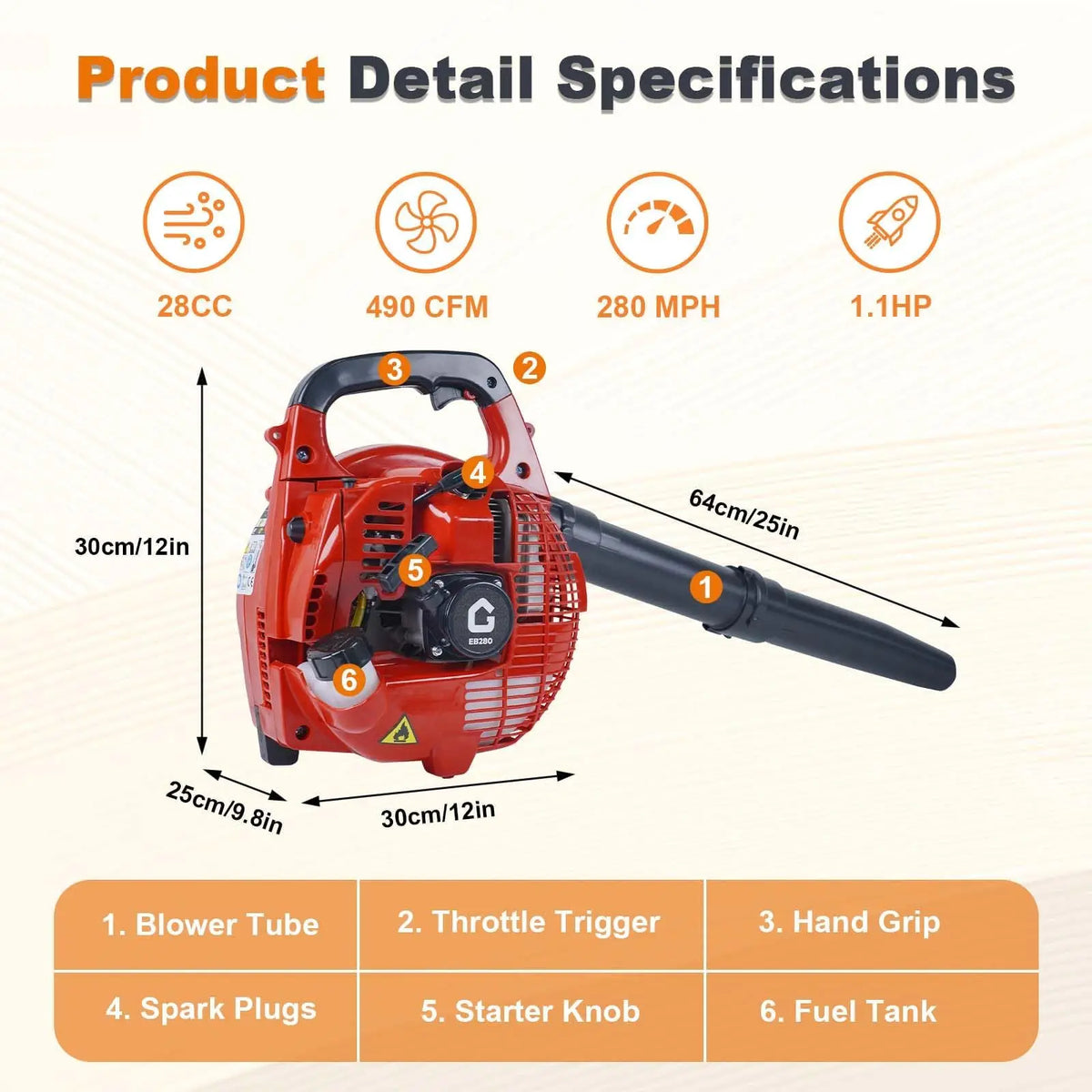 Lightweight 28CC Gas Powered Handheld Leaf Blower – 1.1HP 2-Stroke, 490 CFM, 280 MPH, Ergonomic & Powerful for Lawn, Yard
