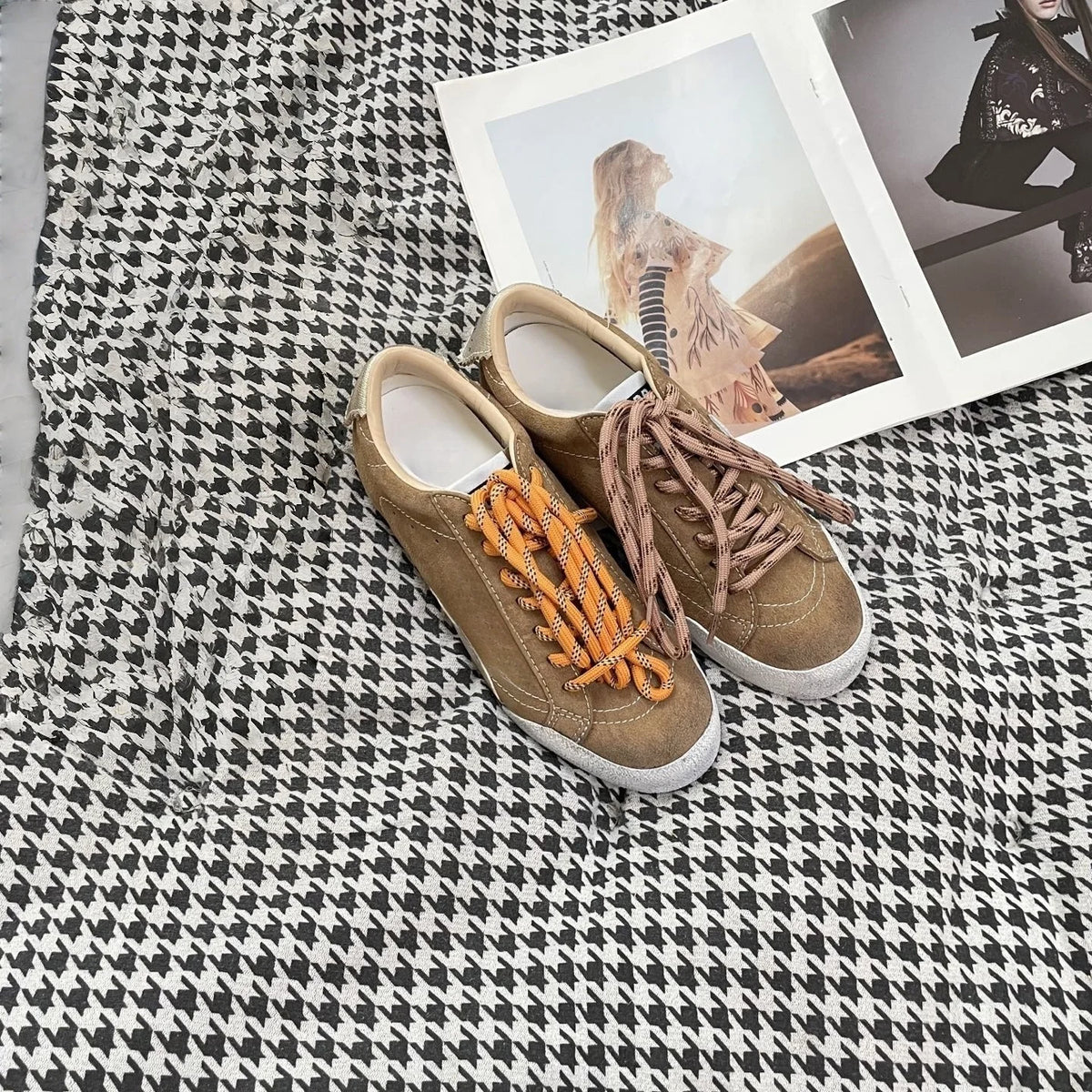 Women's shoes retro genuine leather round toe color matching two-tone shoelaces sneakers German training shoes
