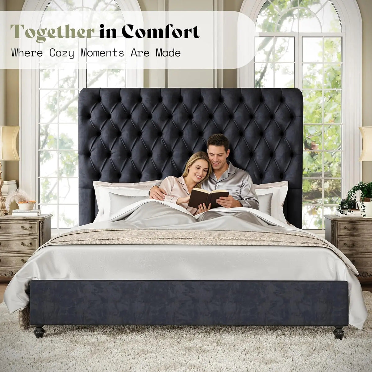 59" Tall Sleigh King Bed Frame Velvet Upholstered Deep-Tufted Solid Wood Legs No Box Spring, Customized