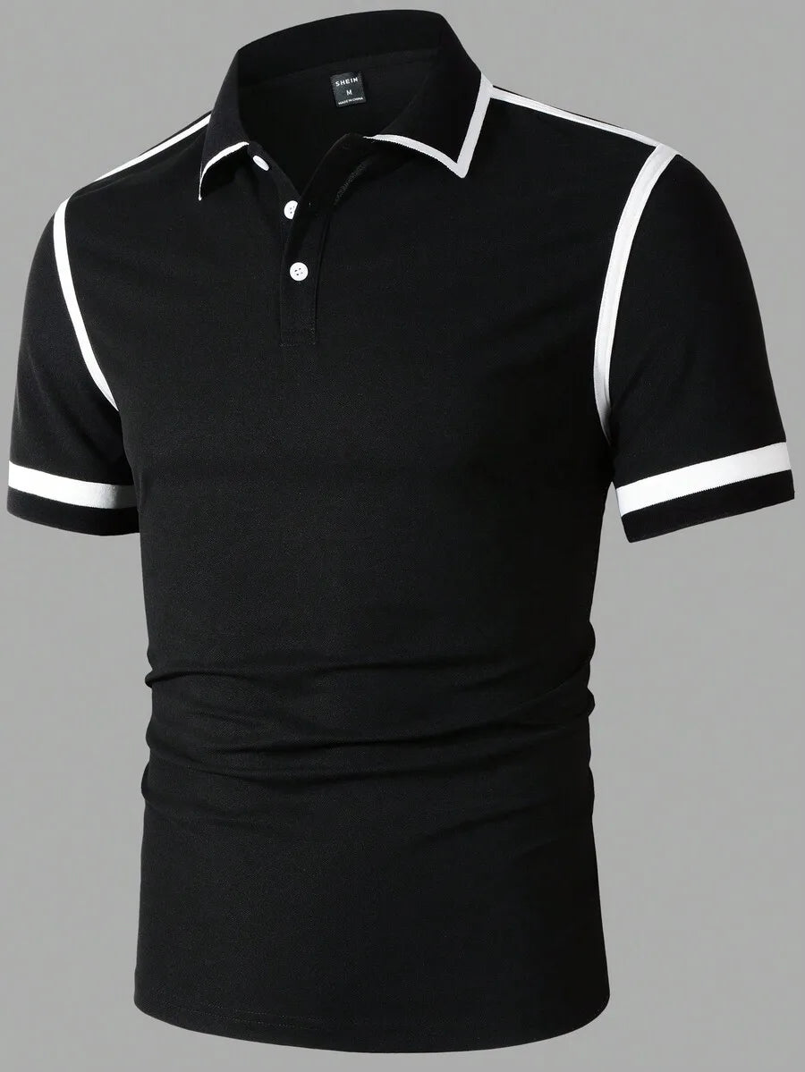 Men's Black Polo Shirt with White Trim Contrast Design Short Sleeve