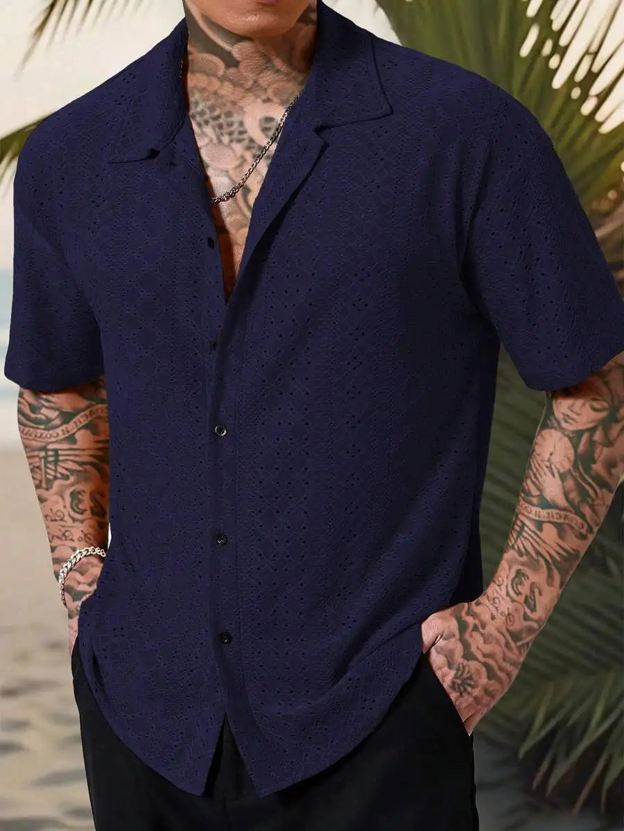 Men's Yellow Eyelet Lacework Short Sleeve Button-Down Casual Shirt