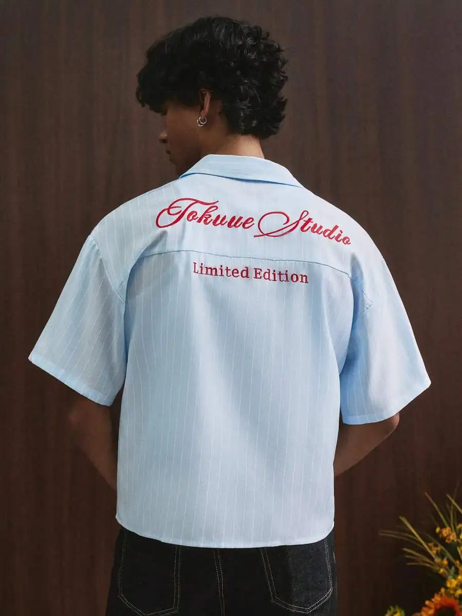 Men's Black Loose Fit Short Sleeve Shirt with Abstract Thread Embroidery, Casual Y2K Style