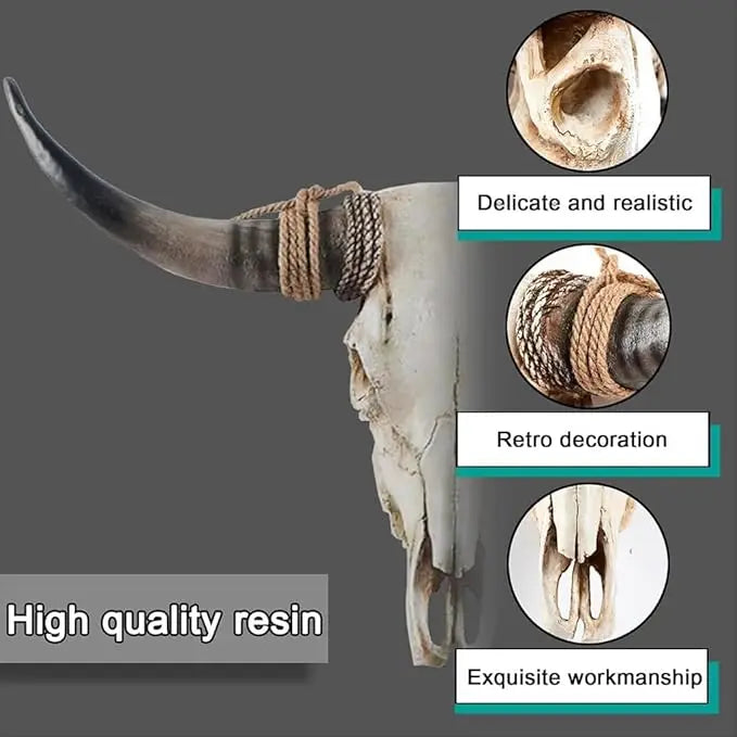 Resin Longhorn Cow Skull Head Wall Decorations Ornament 3D Animal Figurines Crafts Retro Bull Skull Crafts Bar Home Decoration