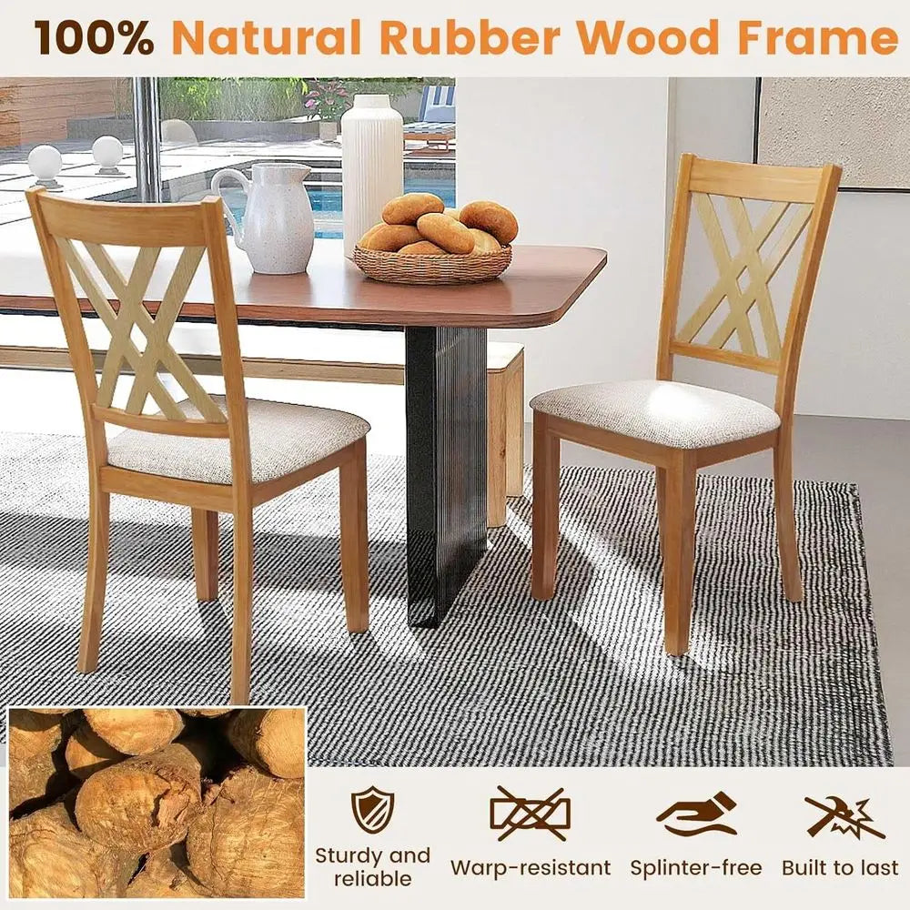 Set of 2 Wooden Dining Chairs with Fabric Padded Seats, High Back, Suitable for Home and Restaurant Use, Natural Finish