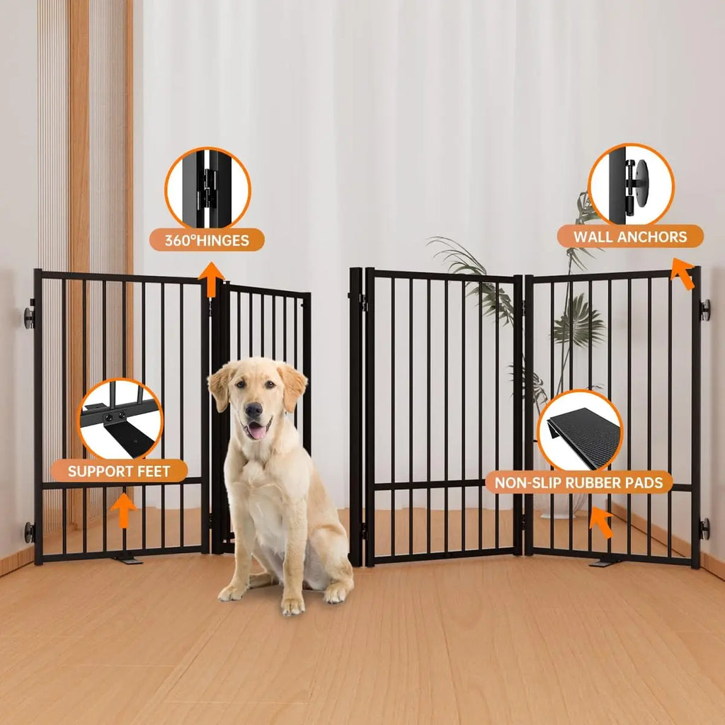 Foldable Metal Pet Gate with Door, 32" Height Freestanding Dog Fence for Indoor Outdoor Use