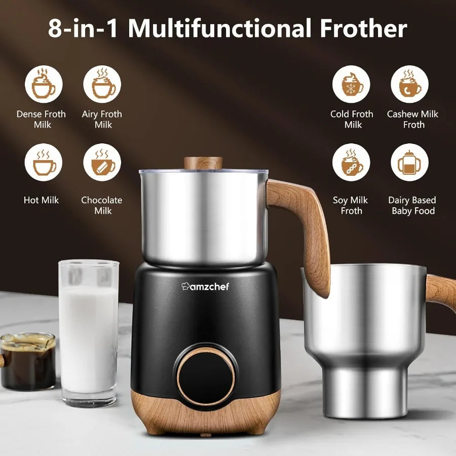 8-in-1 IH Induction Heating Milk Frother with 2 Cups 21oz 13.5oz Automatic Cold Foam Heated Milk Maker for Latte Cappuccino Hot