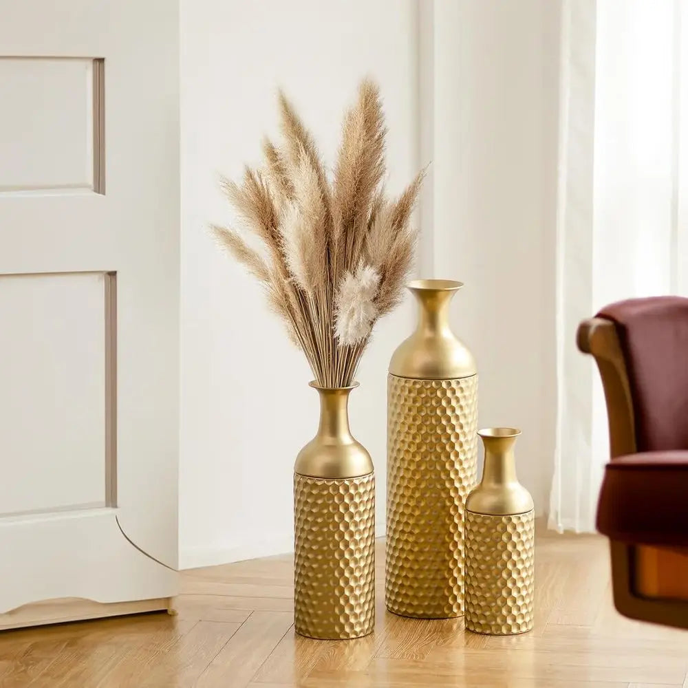Tall Gold loor Vase: 27in Large Metal loor Vase Decorative Tall - Set o 3 ern eycomb Texture Big Standing Vases or Living Room D