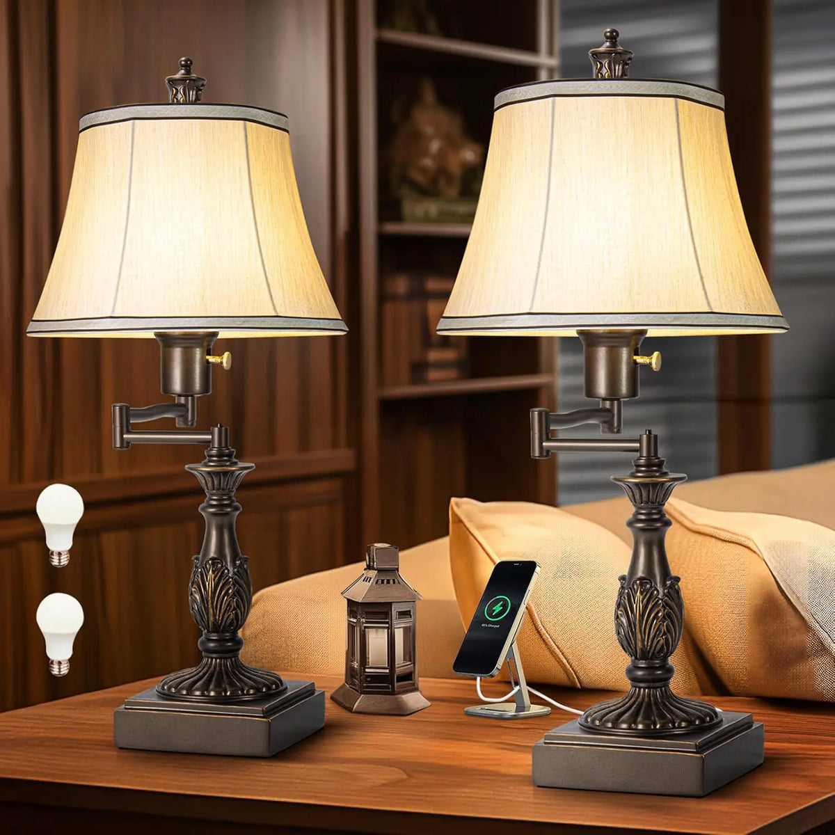 Vintage Adjustable Swing Arm Table Lamp Set of 2 with USB Ports, Brown Finish Cream Shade for Living Room Bedroom Office