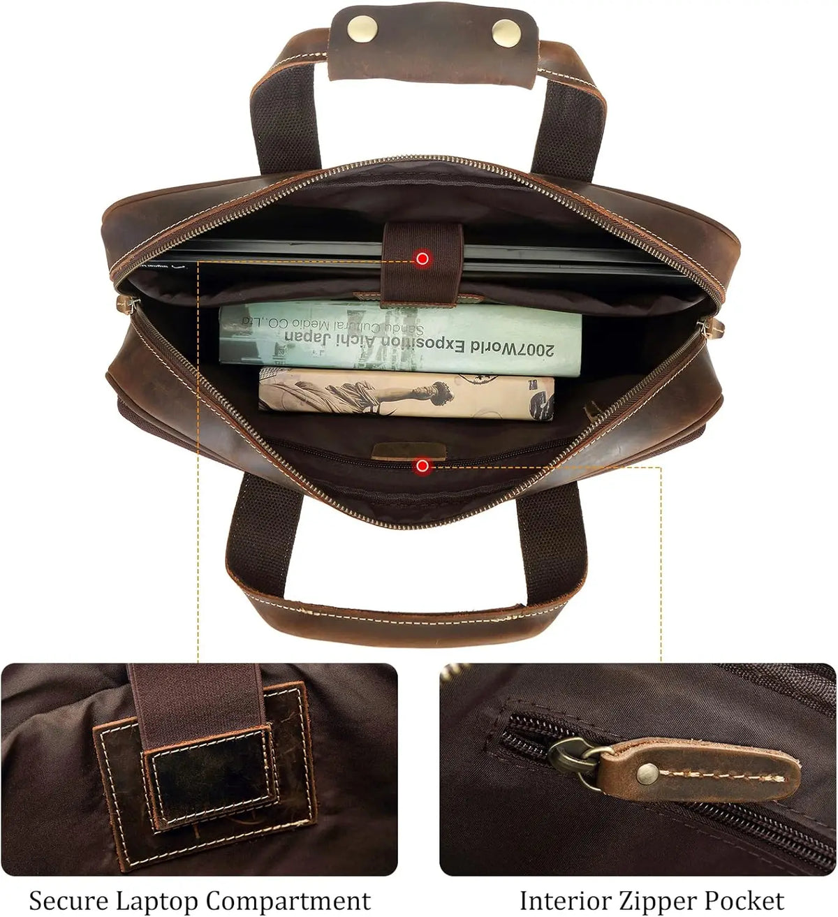Full Grain Leather Laptop Briefcase for Men, Fits 15.6'' Computer, Business Messenger Work Bag