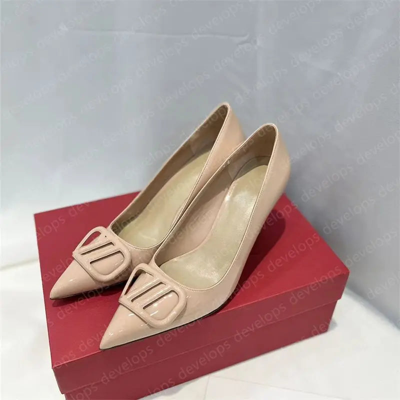 High heels designer sandals classics metal buckle pointed toe thin heel summer valentinolies luxurys brand genuine leather woman