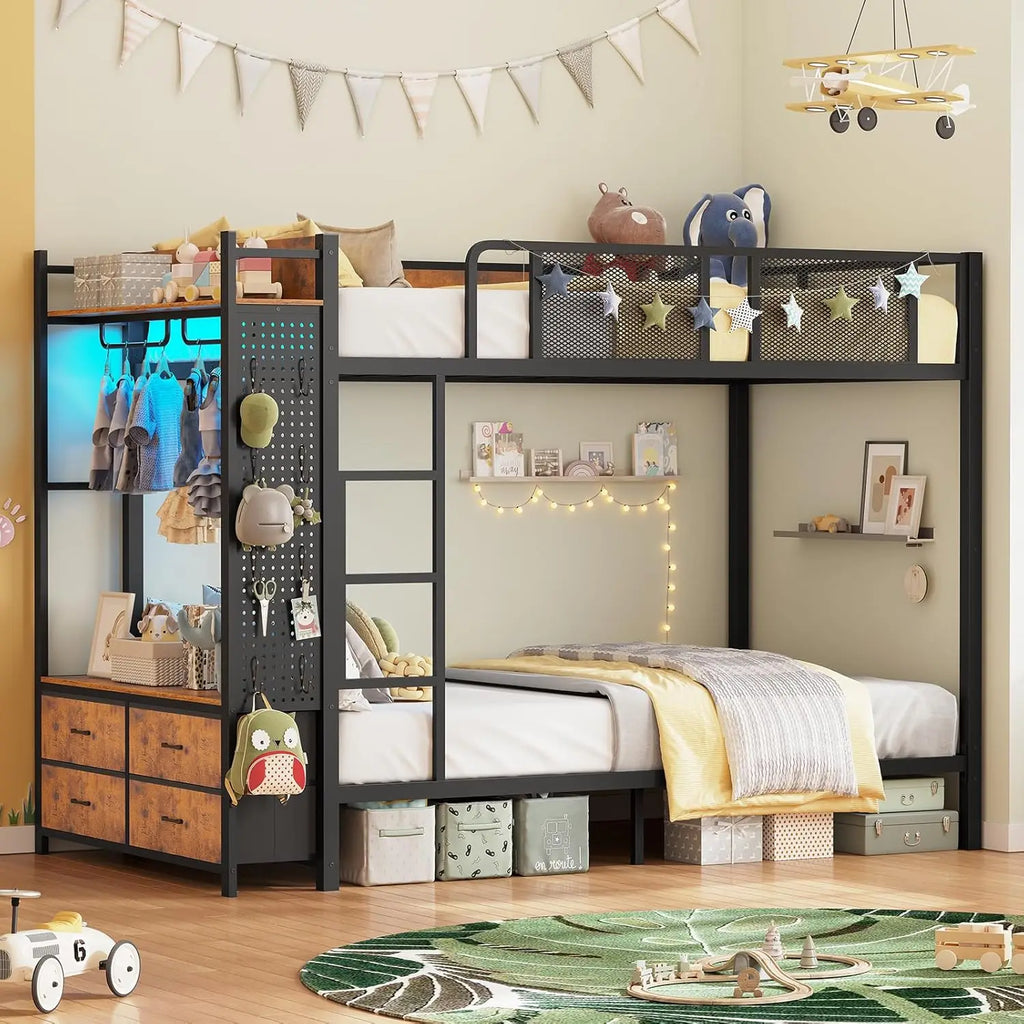 Twin Metal Bunk Bed Twin Over Twin Hall Tree LED Power Outlet 4 Drawers Guardrail Ladders Easy Assembly Rustic Brown, Customized