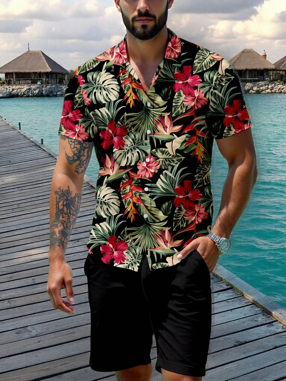 Men's Short Sleeve Collared Shirt with Tropical Floral Print, Casual Vacation Style