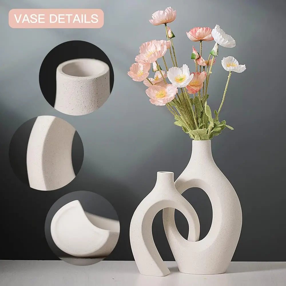 Extra Large Hollow Nordic Modern Ceramic Vases Set of 2, Milky White Aesthetic Round Donut Boho ins Style Flower Decorative