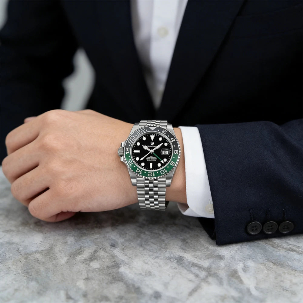 PAGANI DESIGN 40MM Men Mechanical Automatic Watch Left Crown GMT Sapphire Glass Ceramic Bezel Silver Jubilee Strap Watch for men