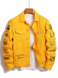 Men's Yellow Distressed Denim Jacket with Slogan Patches, Long Sleeve, Casual Fall Wear