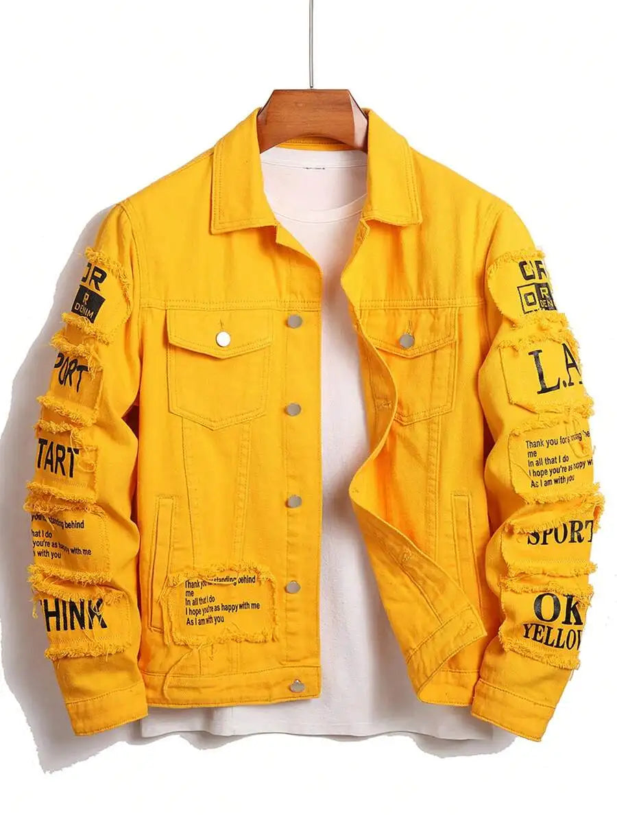 Men's Yellow Distressed Denim Jacket with Slogan Patches, Long Sleeve, Casual Fall Wear
