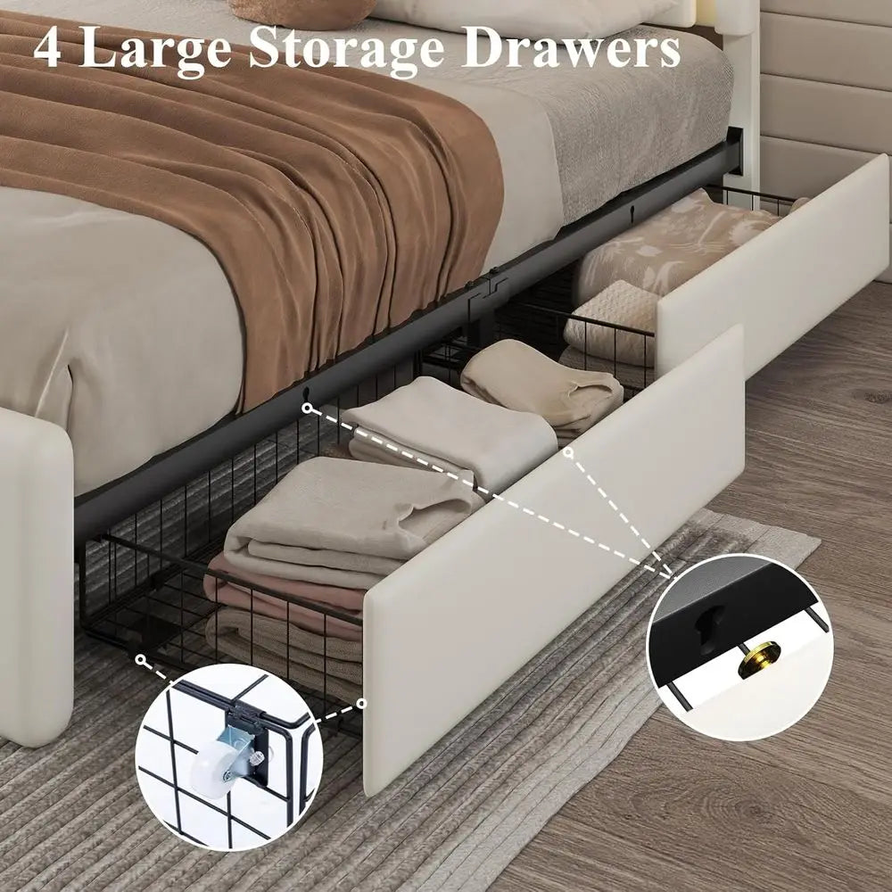 King Size Bed with 4 Storage Drawers, Charging Station, LED Light, Adjustable Headboard, Noise-Free, No Box Spring Needed, Easy