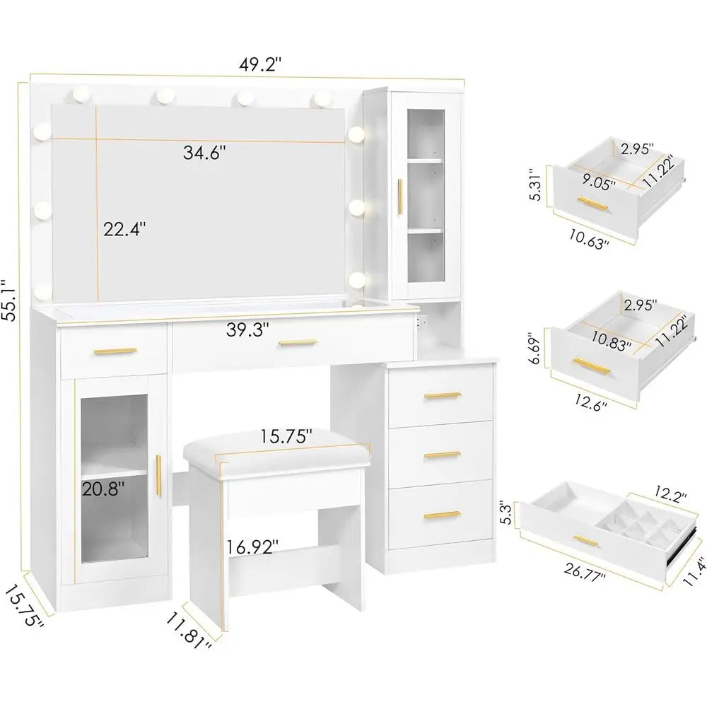 49.2 Large White Vanity Desk with Mirror, Lights, Glass Top, Stool, Makeup Desk with Power Outlet, 5 Drawers, Nightstand for Bed