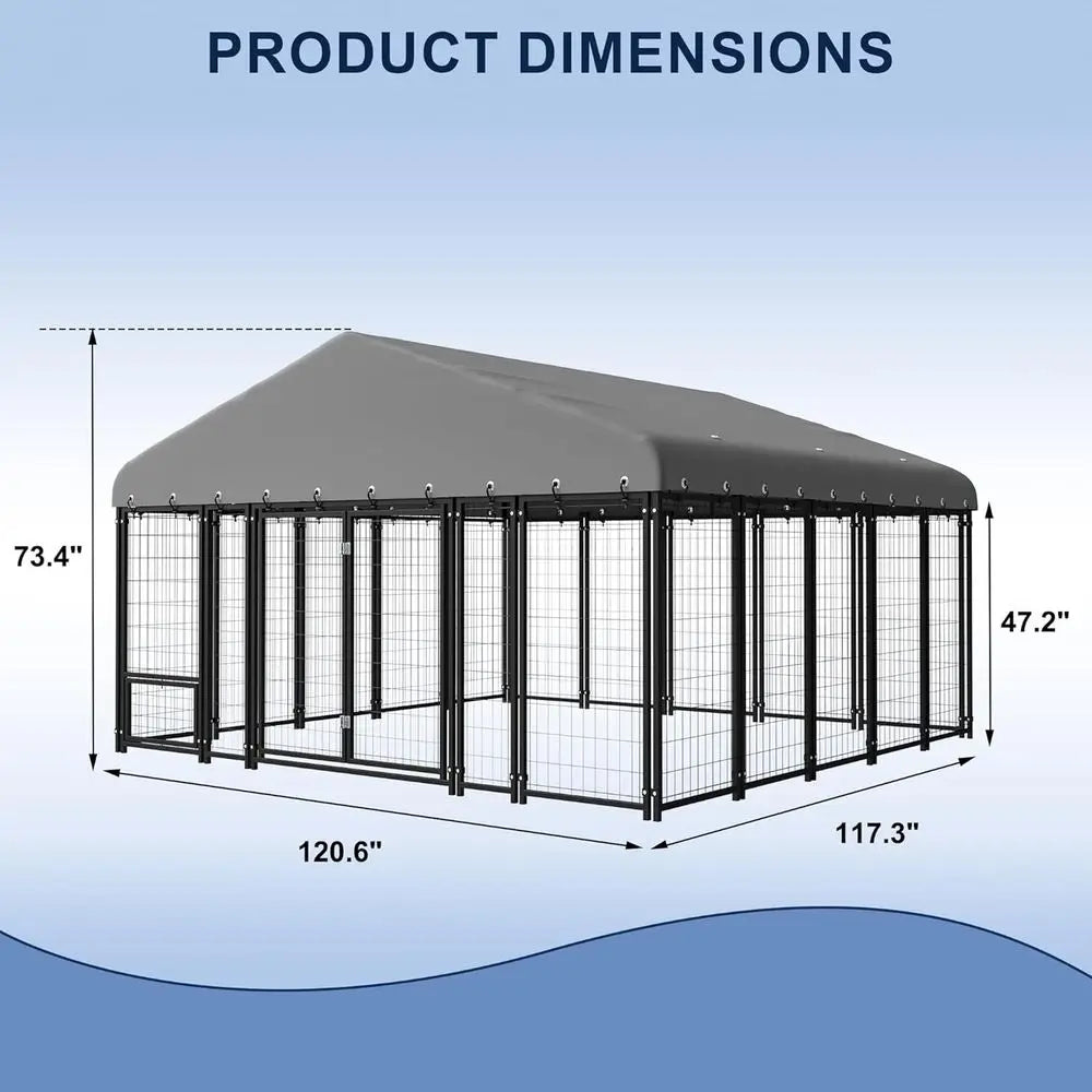 Large Outdoor Dog Kennel - 10x10 Heavy Duty Galvanized Steel Enclosure with Roof & Double Lock