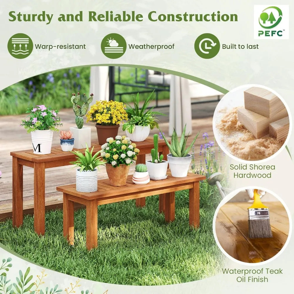 Wooden Plant Stand Set of 3, Outdoor Indoor Solid Wood Flower Pot Holder Display Shelf w/ Teak Oil Finish, Slatted Top, Rustic