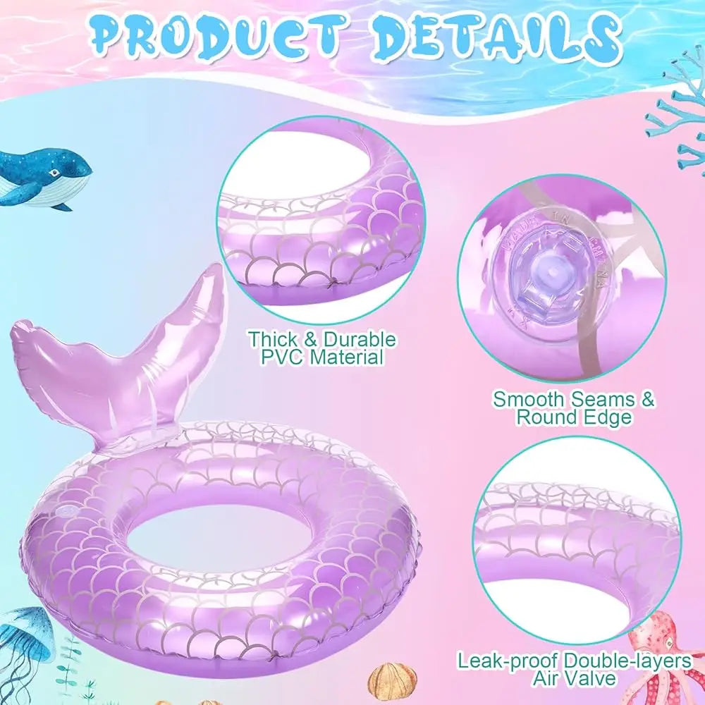 5 Pack Pool Floats Include 4 Pcs Mermaid Inflatable Pool Float Tube 1 Pcs Floatie Raft Mermaid Tail Swim Ring for Beach Water