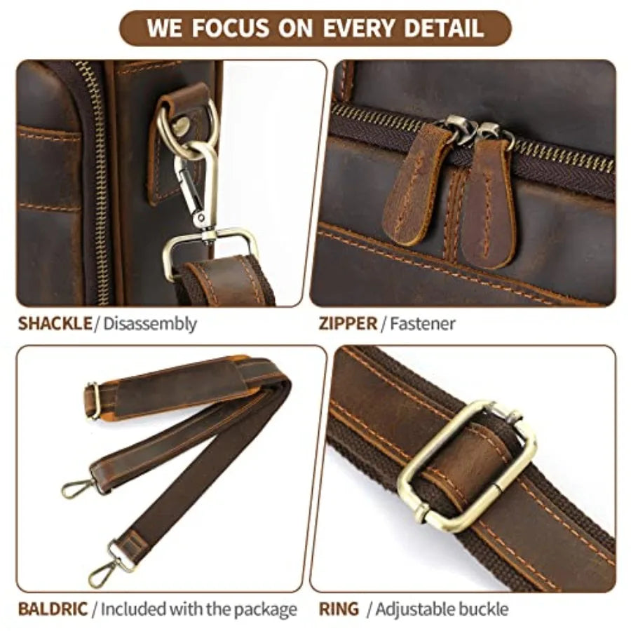 Full Grain Leather Briefcase for Men Business Messenger Bag Laptop Case Fits 15.6 Inch Laptop Brown Premium Quality Durable Des
