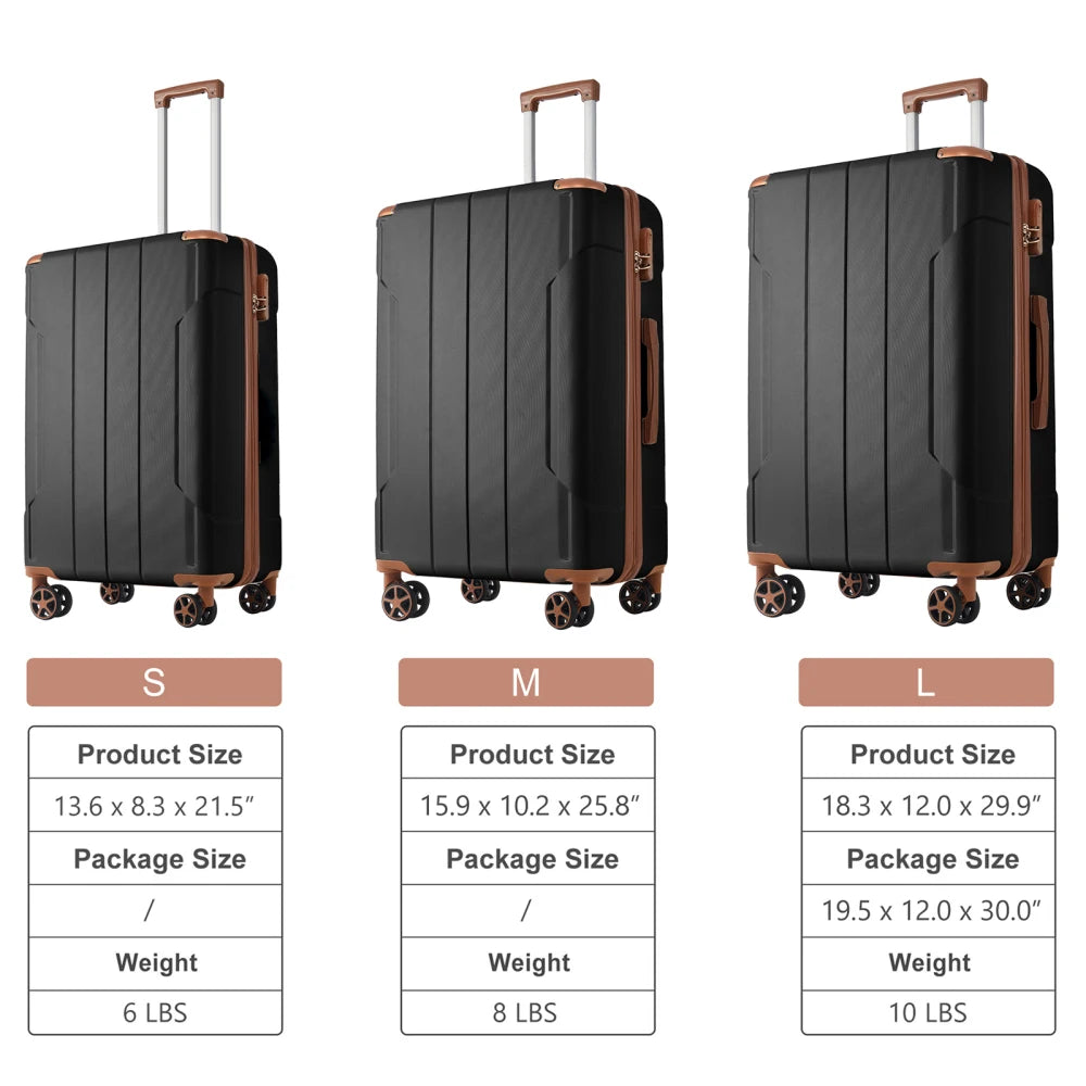 3pcs ABS Hard Shell Luggage Set 20/24/28 Inch Lightweight Durable Suitcase Double 360° Spinner Wheels Travel Trolley in Black