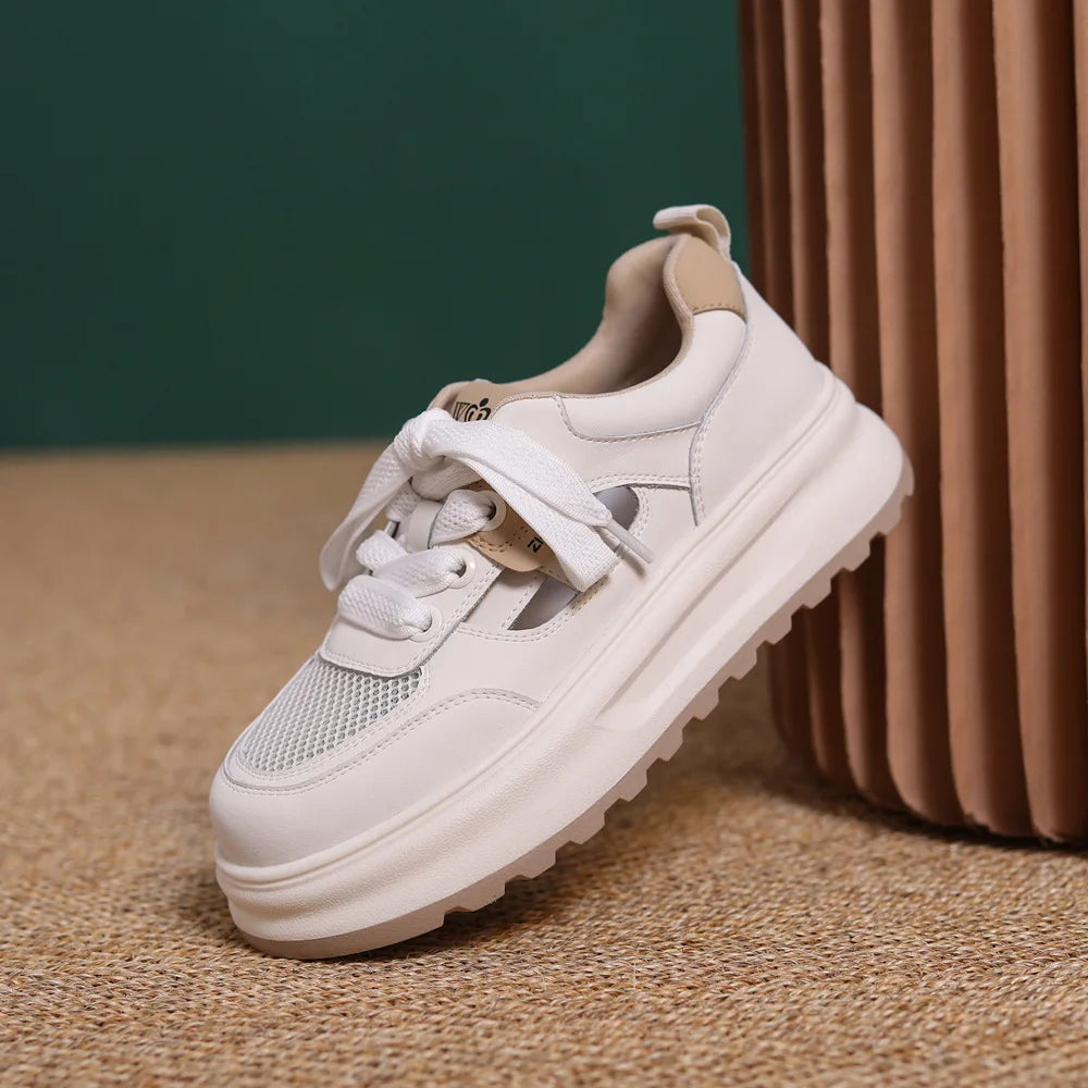 2026 New Women's White Sneakers Breathable Mesh Shoes Thick Sole Platform Casual Shoes Retro Street Style Walking Trainers