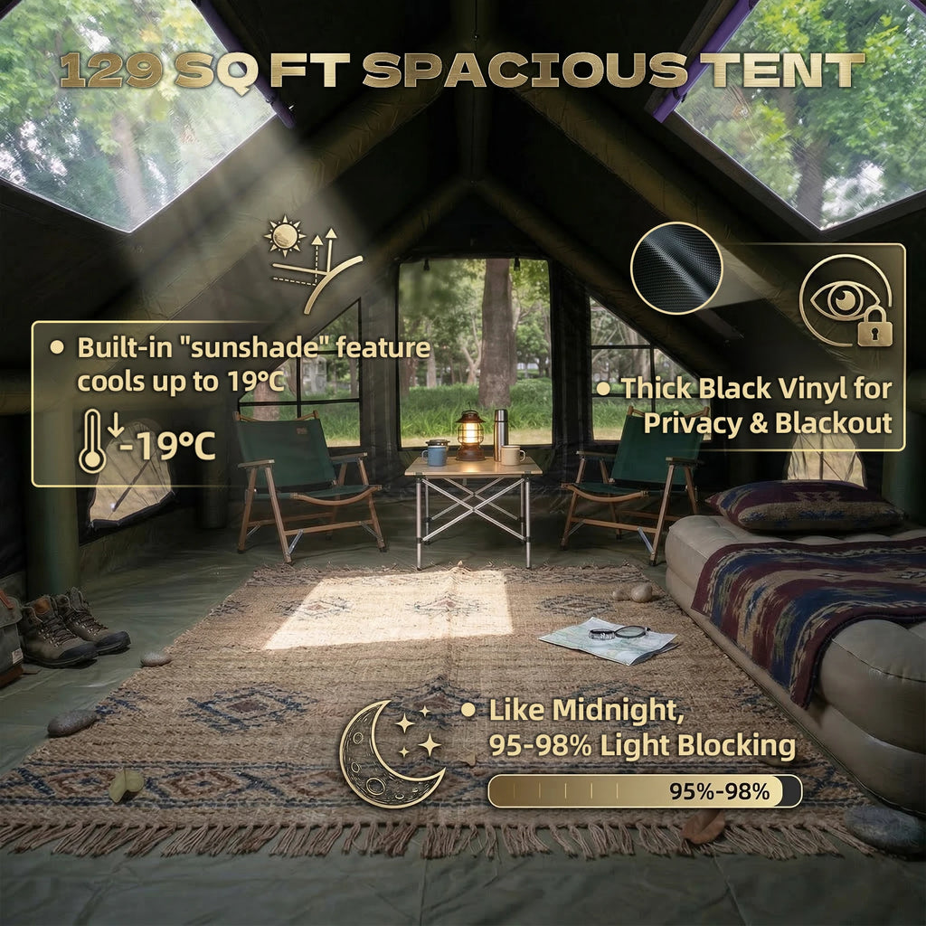 129 Sq Ft Large Inflatable Camping Tent Waterproof Oxford Air Tent House with Hand Pump 4 Season Sunproof Glamping Family Tent