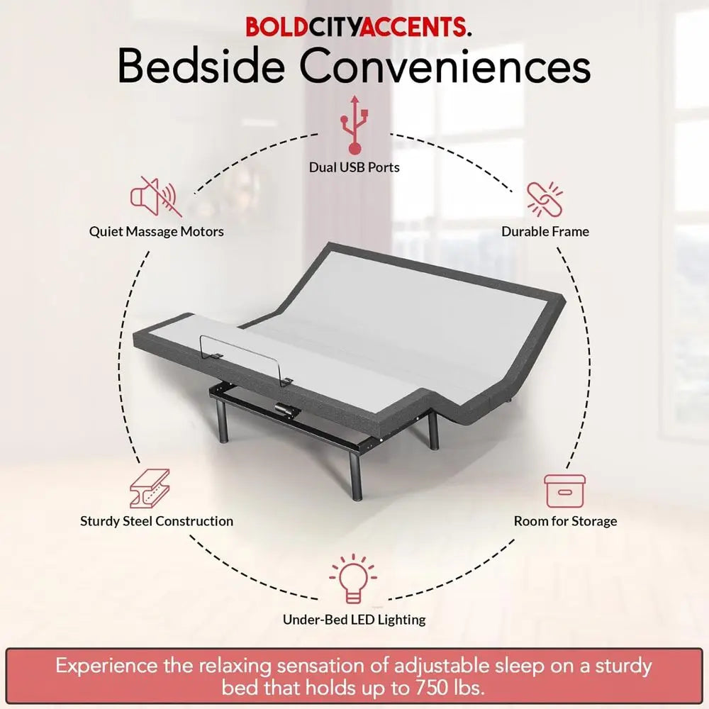 Wireless Remote Adjustable Bed with Zero Gravity Massage, Foot Incline, Dual USB Ports, and Under-Bed Nightlights - Powder Coate