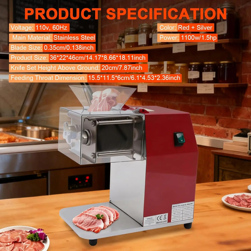 1100W Meat Cutter Machine，Commercial Meat Slicer Cutting Machine with Large Inlet 3.5mm Stainless Steel Meat Slicer Shredder for