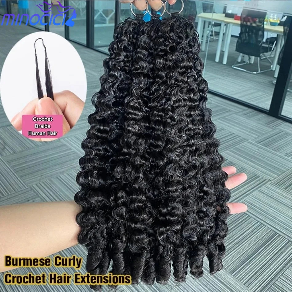 Burmese Curly Crochet Human Hair Extension Water Wave Brazilian Weave Pre Separated Knotless Feather Crochet Hair Bundles Black