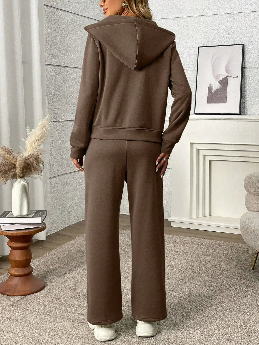 Women's Brown Hooded Half-Zip Sweatshirt and Wide-Leg Pants Set