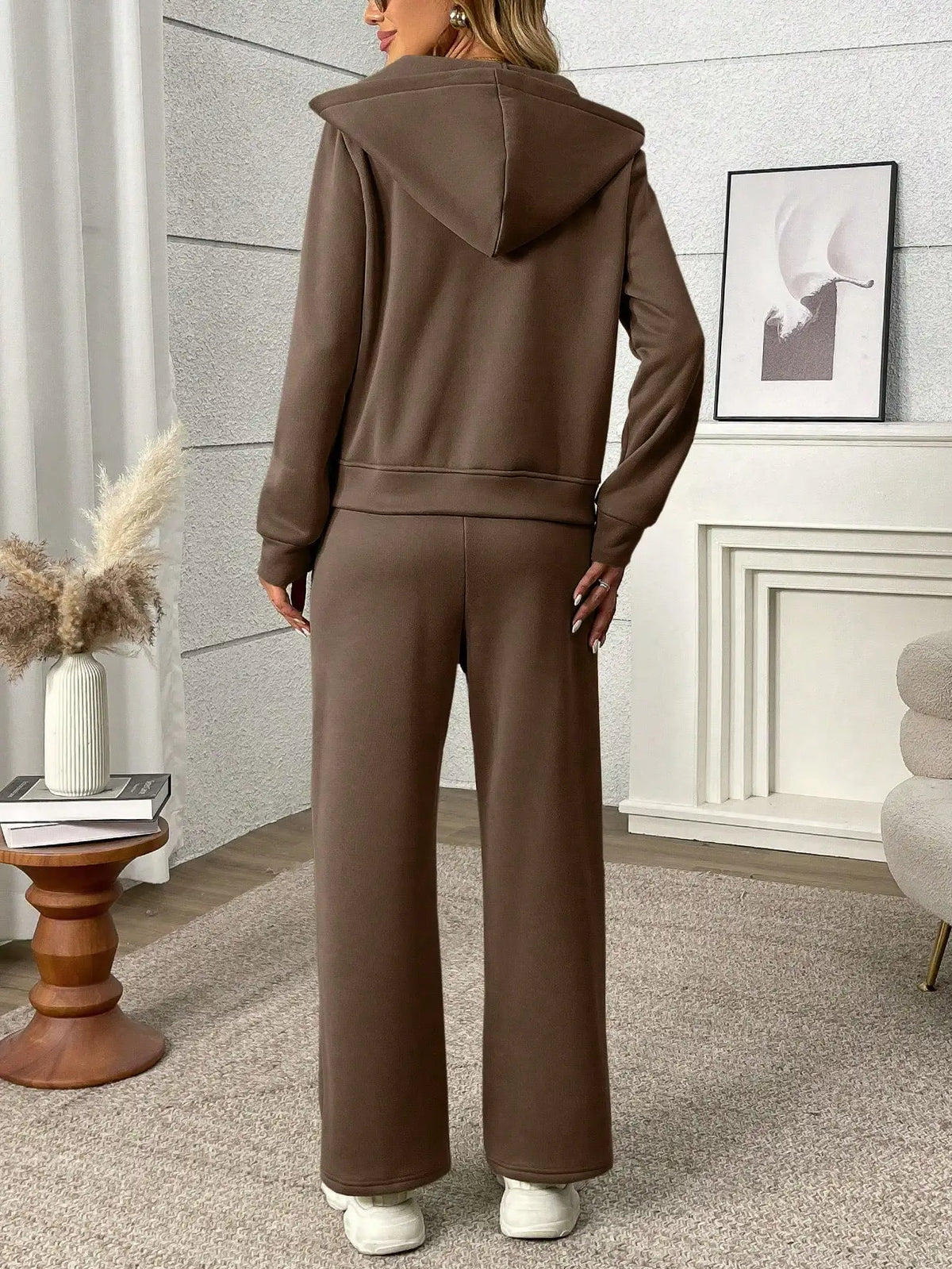 Women's Brown Hooded Half-Zip Sweatshirt and Wide-Leg Pants Set