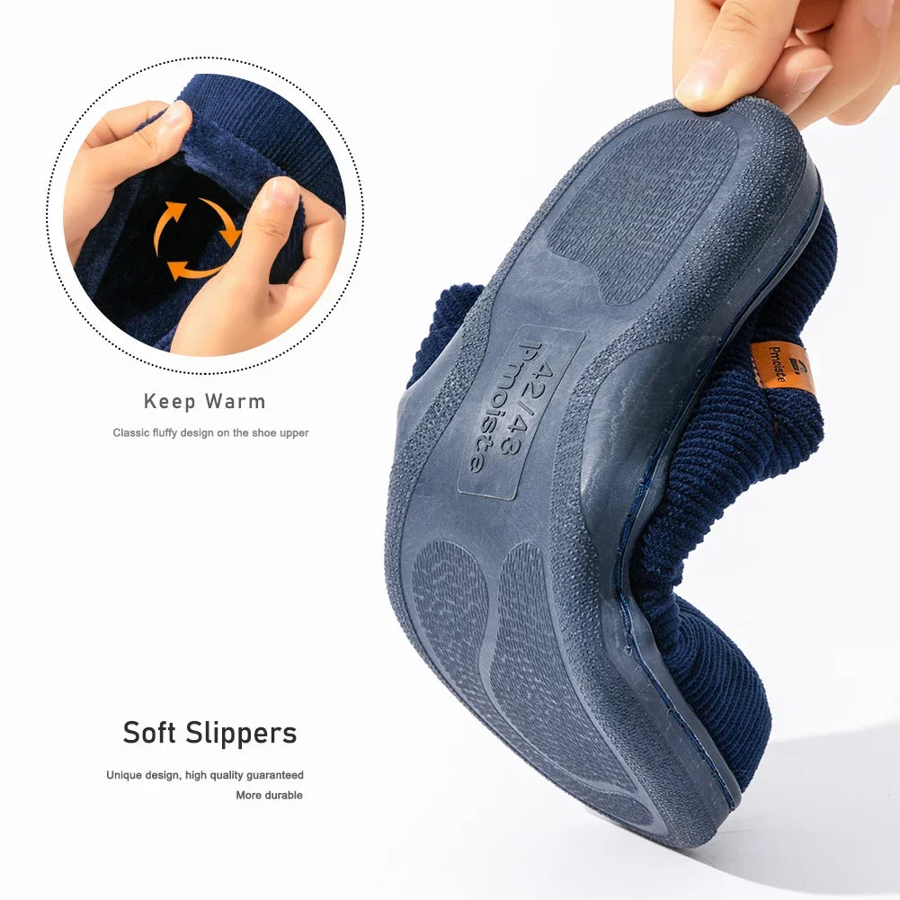 Pmoiste Stripe Corduroy House Shoes Men Warm Soft TPR Cushion Memory Foam Home Slippers Slip On Winter Indoor High-quality