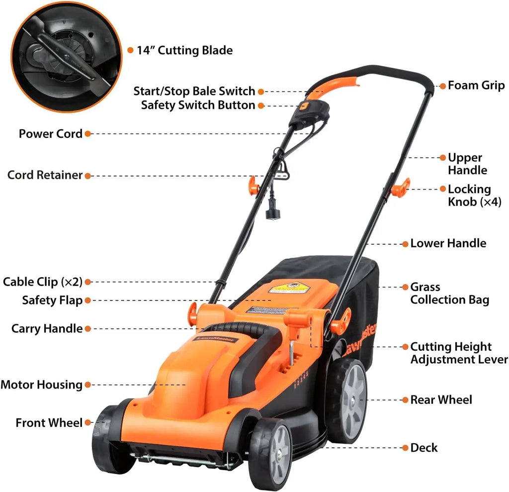 15-Inch Electric Corded Lawn Mower with 11AMP Power, 5 Cutting Heights, and Lightweight Design