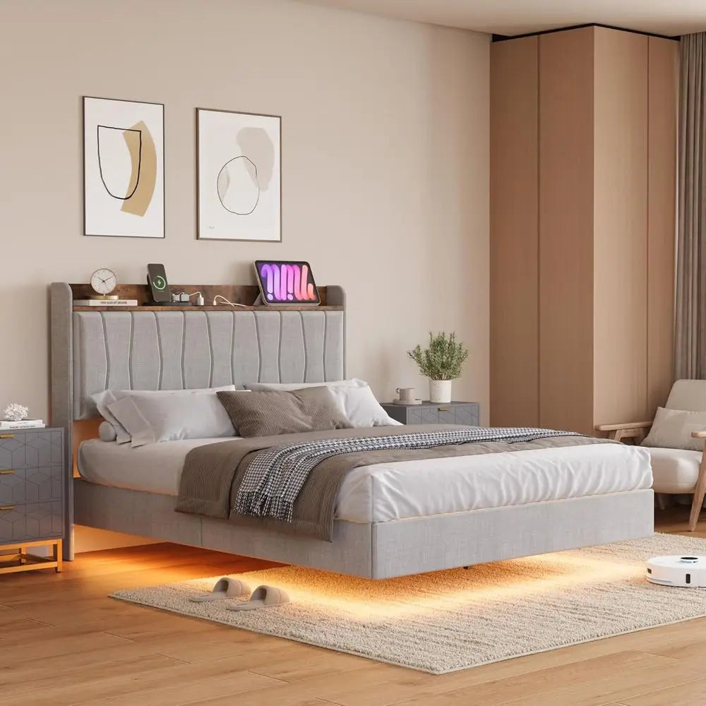 GarveeHome loating Bed e King with LED Lights & USB Charging Station – ern Upholstered Platorm Bed with board, Solid Wood Slats