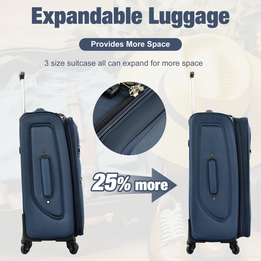 Softside Expandable 3pcs Luggage Set 22/26/30 Inch Duffel Bag Upright Spinner Wheels Lightweight Softshell Travel Luggage Set