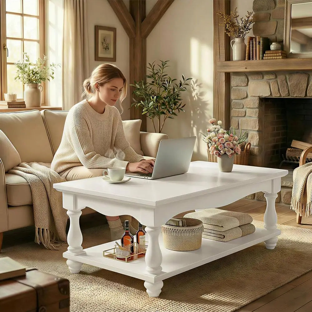 armhouse Coee Table with Storage, Century Coee Tables or Living Room, 47 inch ern 2-Tier White Coee Table with Solid Wood Legs,
