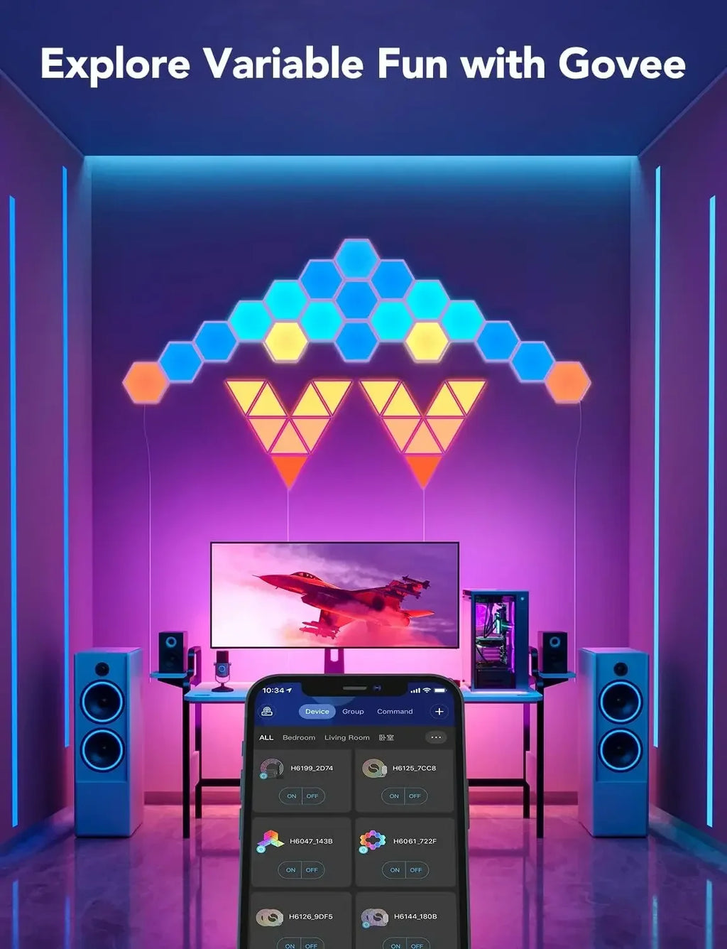 Glide Hexa Light Panels, RGBIC Hexagon LED Wall Lights, Wi-Fi Smart Home Creative Wall Lights with Music Sync, Works with Alexa