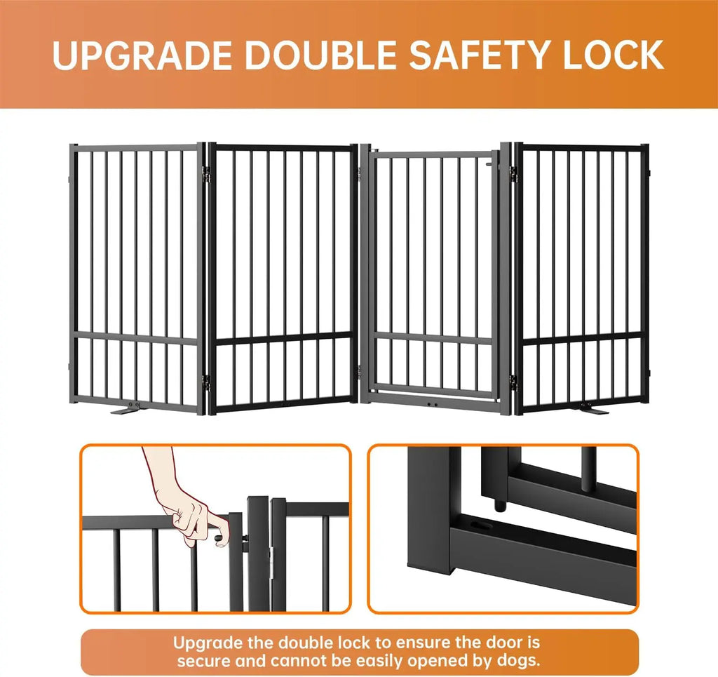 Foldable Metal Pet Gate with Door, 32" Height Freestanding Dog Fence for Indoor Outdoor Use