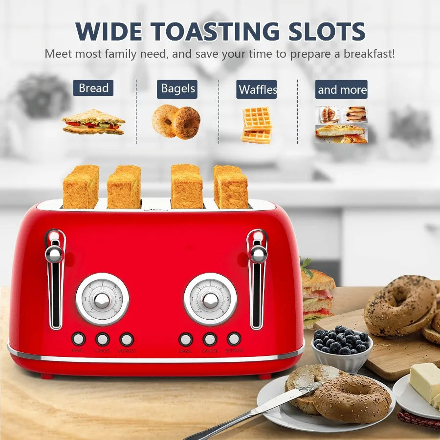 4-piece vintage-style red toaster with dual-control oven 4×1.5-inch slots anti-clogging design 6-batch temperature adjustment d