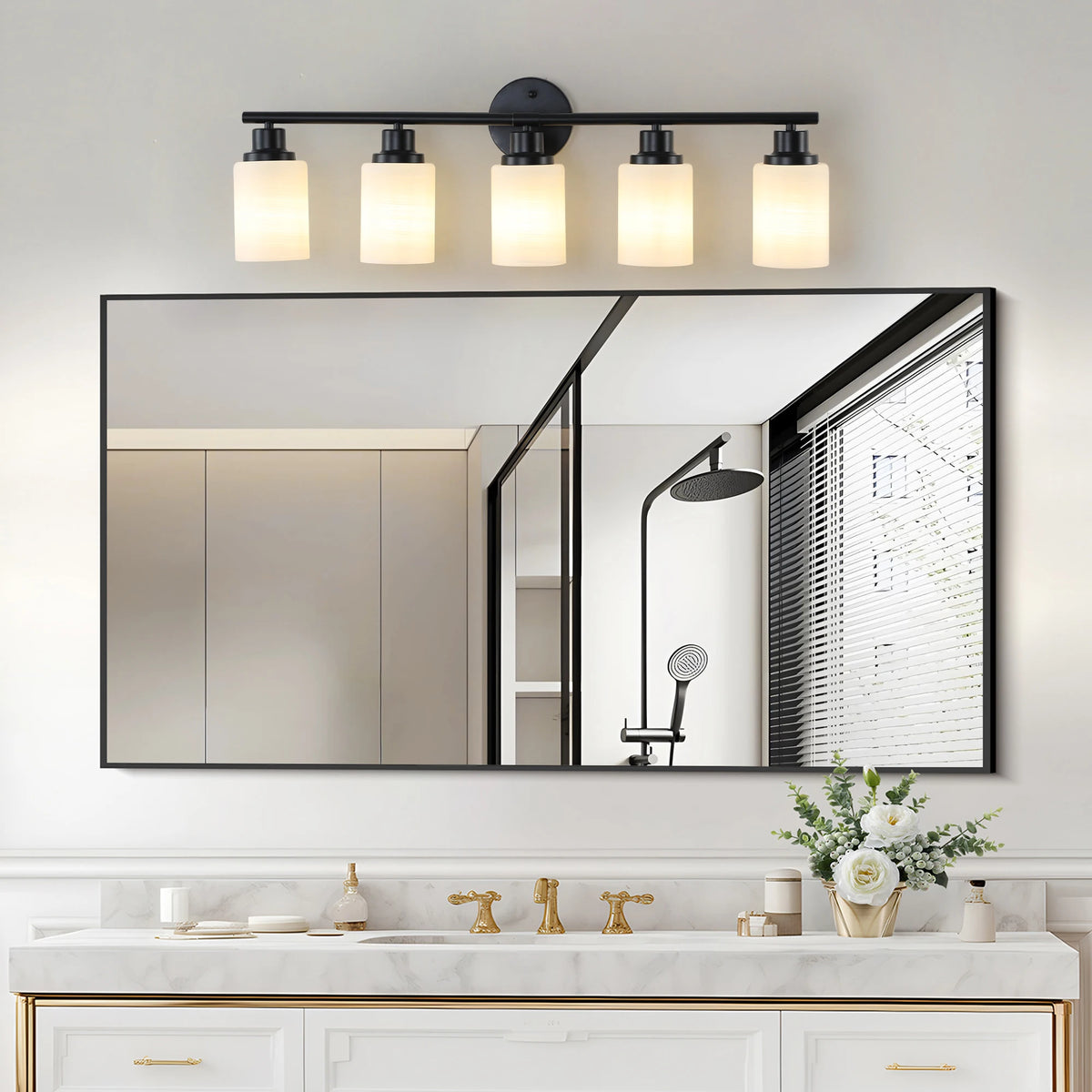 Modern Bathroom Wall Mount Lights 5 Lights Bathroom Vanity Lights Black Bathroom Mirror Light Fixtures With Milky Glass Shades