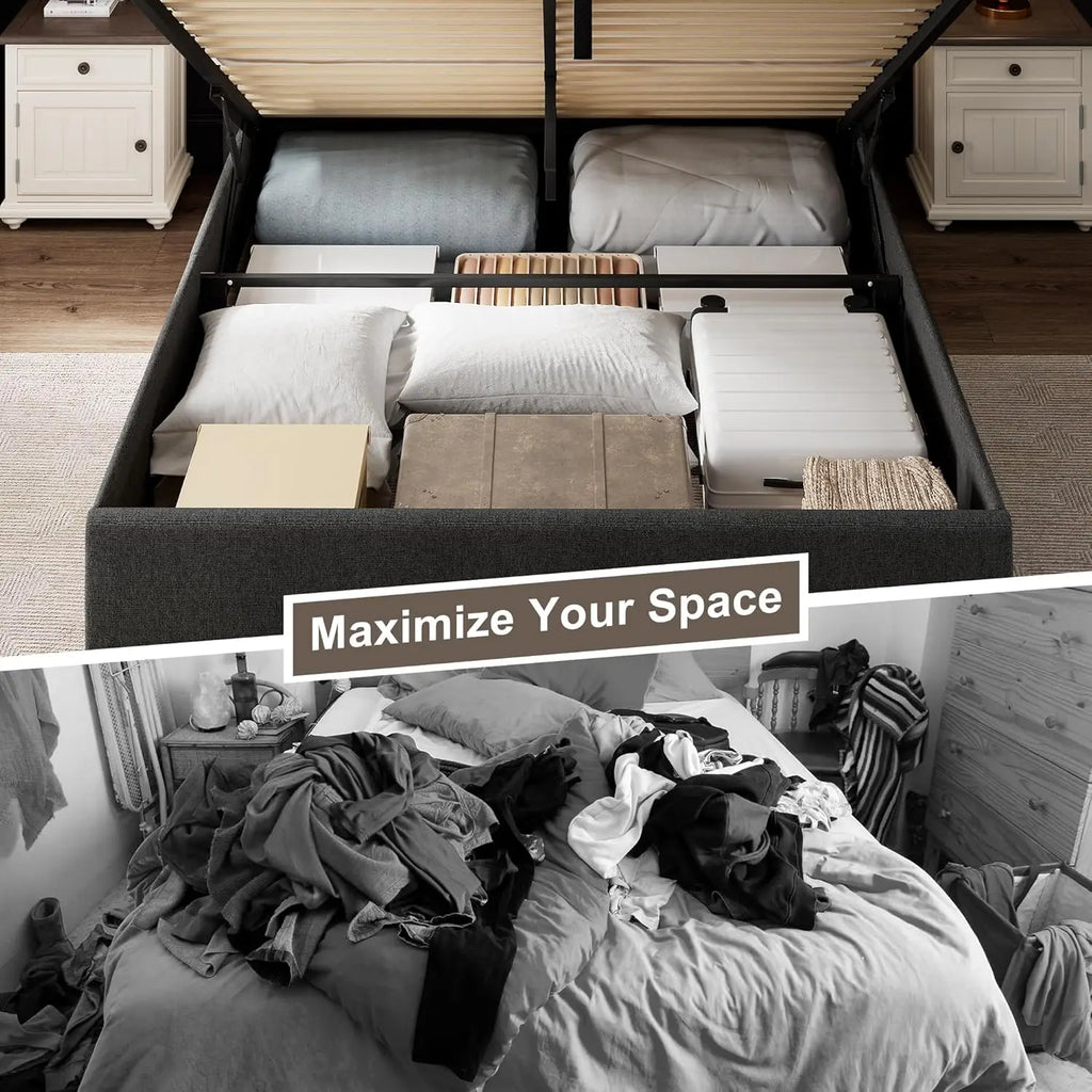 Queen Size Lift Up Storage Bed Frame with Wingback Headboard, Linen Upholstered Platform Bed with 10.8" Underneath, Customized