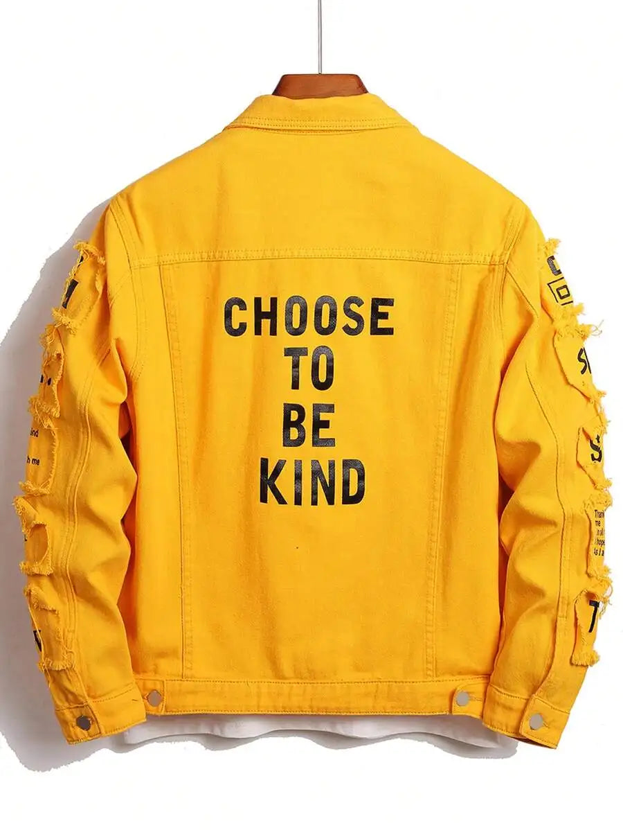 Men's Yellow Distressed Denim Jacket with Slogan Patches, Long Sleeve, Casual Fall Wear