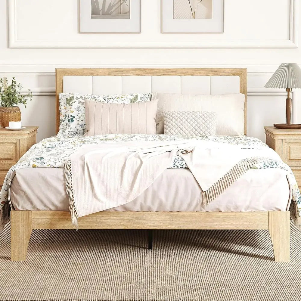 Full Size Upholstered Headboard Platform Bed with Wooden Slats - No Box Spring Required, Easy Assembly, Natural Style