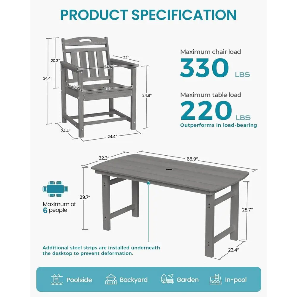 HDPE Outdoor Dining Set, 7-Piece Patio Table and Chairs Set with Umbrella Hole, All-Weather Patio Dining Sets or 6, Durable Pati